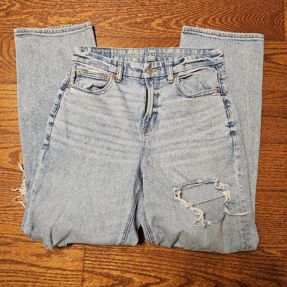 American Eagle Distressed Light Blue Wide Leg Jeans Size 4R